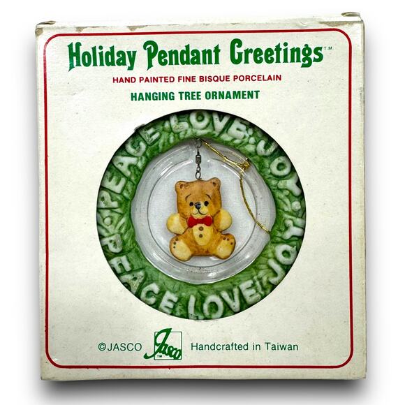 Vintage Jasco Taiwan Hand Painted Bisque Porcelain Wreath Bear Tree Ornament - Picture 4 of 5